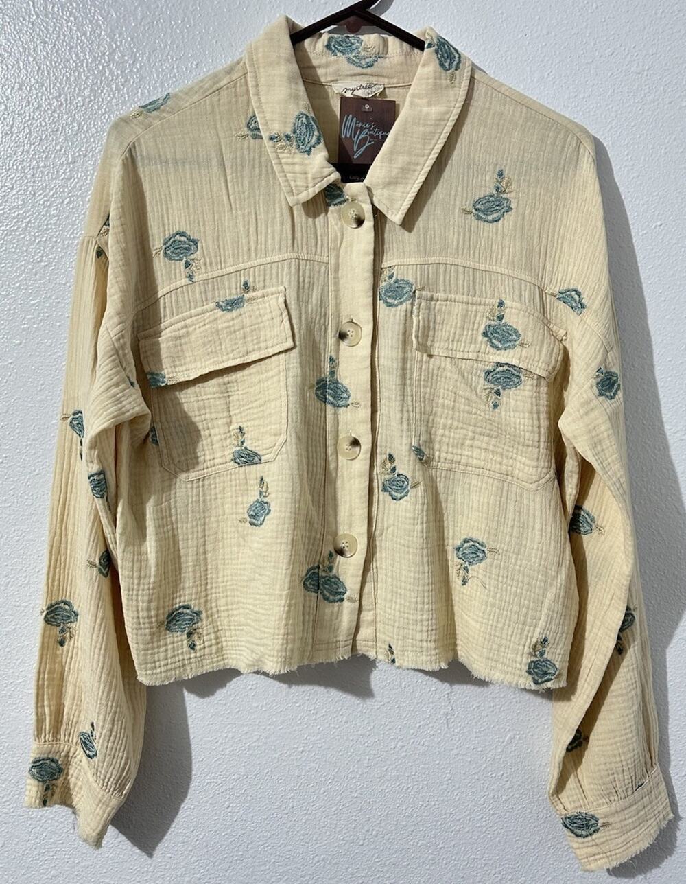 NWT Mystree Womens Lg Full Button Raw Hem Embroidered Floral Blouse Boho Peasant